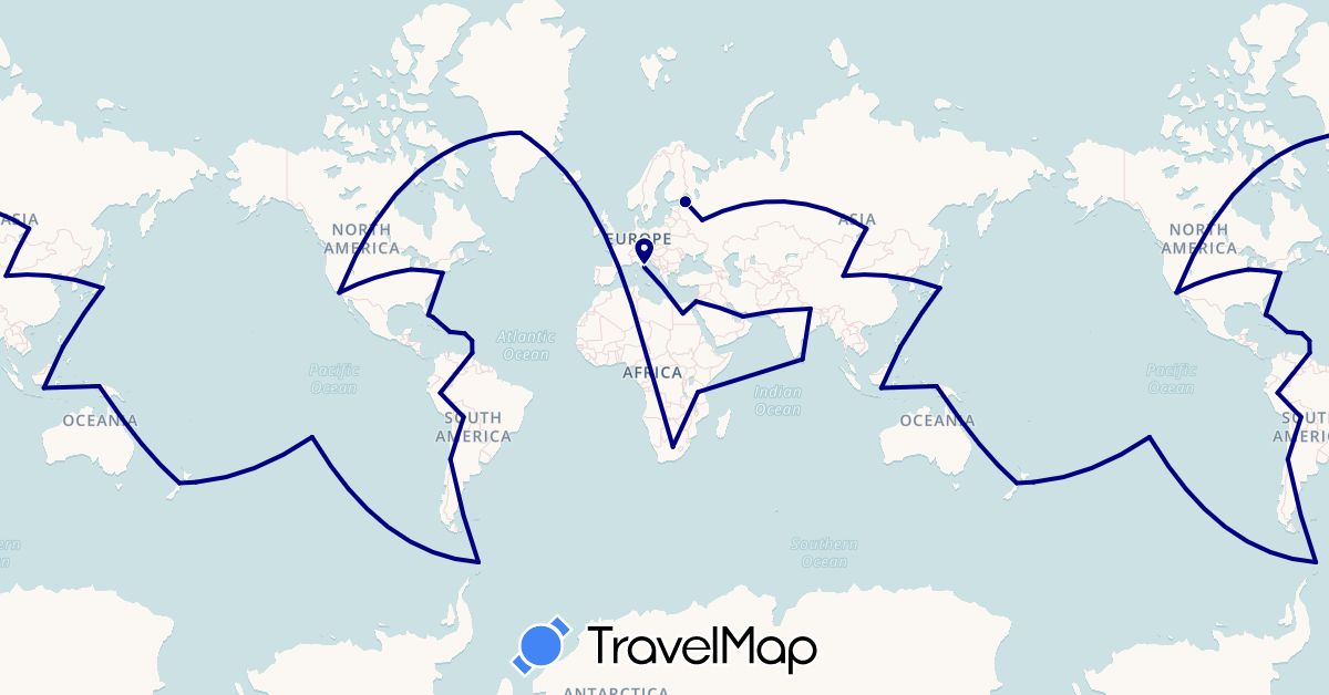 TravelMap itinerary: driving in United Arab Emirates, Bolivia, Chile, China, Dominica, Egypt, Greenland, Indonesia, Israel, Italy, Japan, Sri Lanka, Nepal, New Zealand, Peru, Philippines, Pitcairn Islands, Russia, Trinidad and Tobago, Tanzania, United States, South Africa (Africa, Asia, Europe, North America, Oceania, South America)